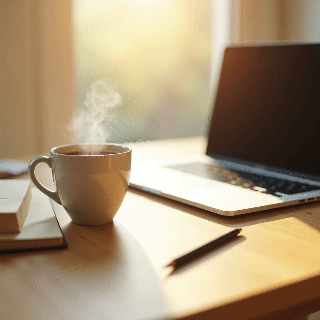 Mesa organizada com café e caderno, ideal para uma rotina matinal produtiva.
