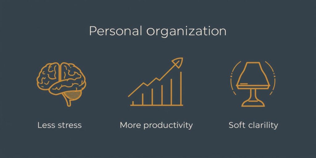Ilustração minimalista mostrando os benefícios da organização pessoal com ícones de produtividade, clareza mental e menos estresse