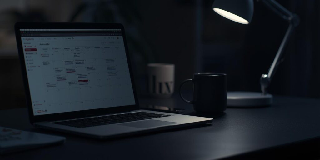 Mesa organizada com agenda e notebook simbolizando organização pessoal