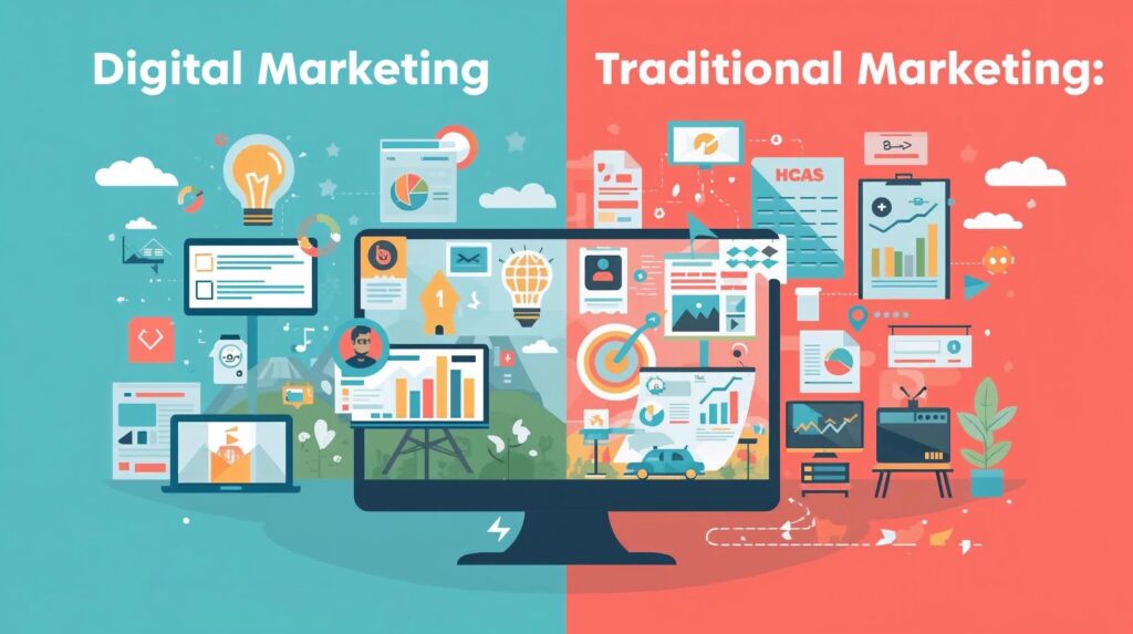 infográfico mostrando as principais diferenças entre marketing digital e marketing tradicional
