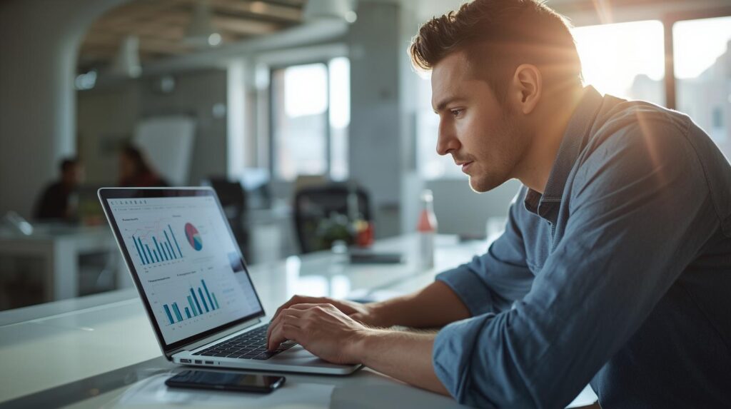 estrategista digital trabalhando com marketing digital em laptop